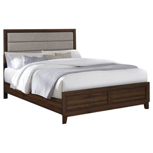 English Elm Anza Eastern King Bed with Taupe Panel Headboard and Warm Walnut Wood Frame B062S01773
