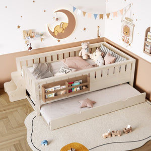 English Elm Twin Kids Platform Bed with Trundle Staircase Bookshelf and Rounded Safety Rails Beige W1580S00556