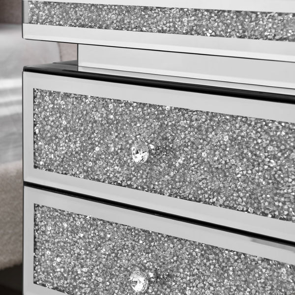 English Elm Mirrored Three Drawer Nightstand with Crystal Diamond Inlay Glam Bedside Storage W1005P248529