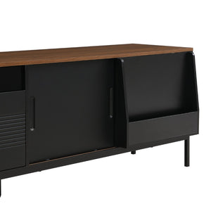 English Elm U-can Mid Century Walnut Media Console with Sliding Doors and Metal Frame for Living Rooms Black N724P360370B