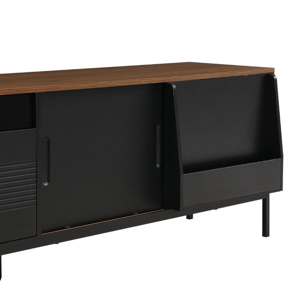 English Elm U-can Mid Century Walnut Media Console with Sliding Doors and Metal Frame for Living Rooms Black N724P360370B