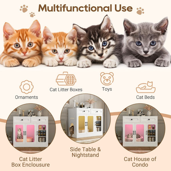 English Elm Cat Litter Box Cabinet with Glass Doors Led Light Drawers and Wood Grain Finish White N704P395520K