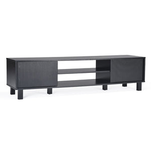 English Elm Modern Low Profile Media Console with Open Shelving and Concealed Cabinet Storage Black T3623P435424