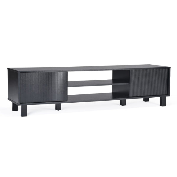 English Elm Modern Low Profile Media Console with Open Shelving and Concealed Cabinet Storage Black T3623P435424