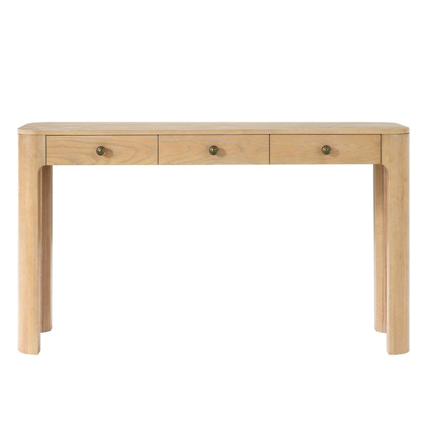 English Elm Trexm Rustic Oak Entryway Console Table with Three Drawers and Rounded Rubberwood Legs N715P361525D