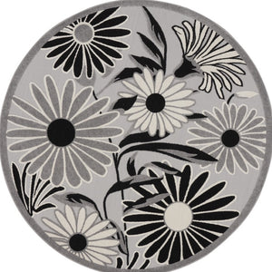 HomeRoots 5' Stylish Black and White Floral Round Area Rug - Durable, Easy-Clean, Indoor/Outdoor Versatility 545010