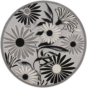 HomeRoots 5' Stylish Black and White Floral Round Area Rug - Durable, Easy-Clean, Indoor/Outdoor Versatility 545010