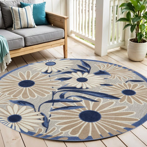 HomeRoots 5' Blue and Gray Round Floral Indoor-Outdoor Area Rug - Durable, Stylish, Low-Maintenance Design for All Spaces 545016