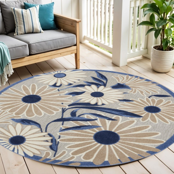 HomeRoots 5' Blue and Gray Round Floral Indoor-Outdoor Area Rug - Durable, Stylish, Low-Maintenance Design for All Spaces 545016