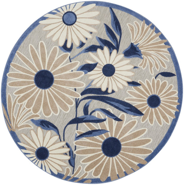 HomeRoots 5' Blue and Gray Round Floral Indoor-Outdoor Area Rug - Durable, Stylish, Low-Maintenance Design for All Spaces 545016