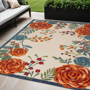 HomeRoots 5' Indoor Outdoor Floral Area Rug in Ivory with Blue, Orange & Green Accents – Durable & Stylish 545020
