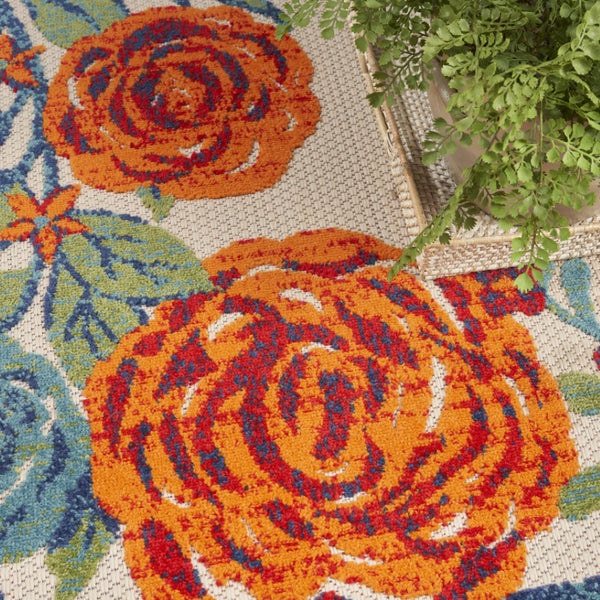 HomeRoots 5' Indoor Outdoor Floral Area Rug in Ivory with Blue, Orange & Green Accents – Durable & Stylish 545020