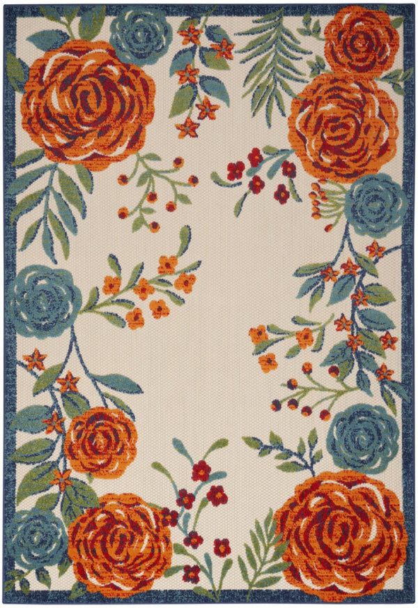 HomeRoots 5' Indoor Outdoor Floral Area Rug in Ivory with Blue, Orange & Green Accents – Durable & Stylish 545020