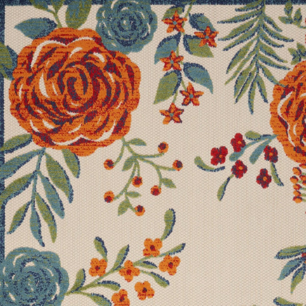 HomeRoots 5' Indoor Outdoor Floral Area Rug in Ivory with Blue, Orange & Green Accents – Durable & Stylish 545020