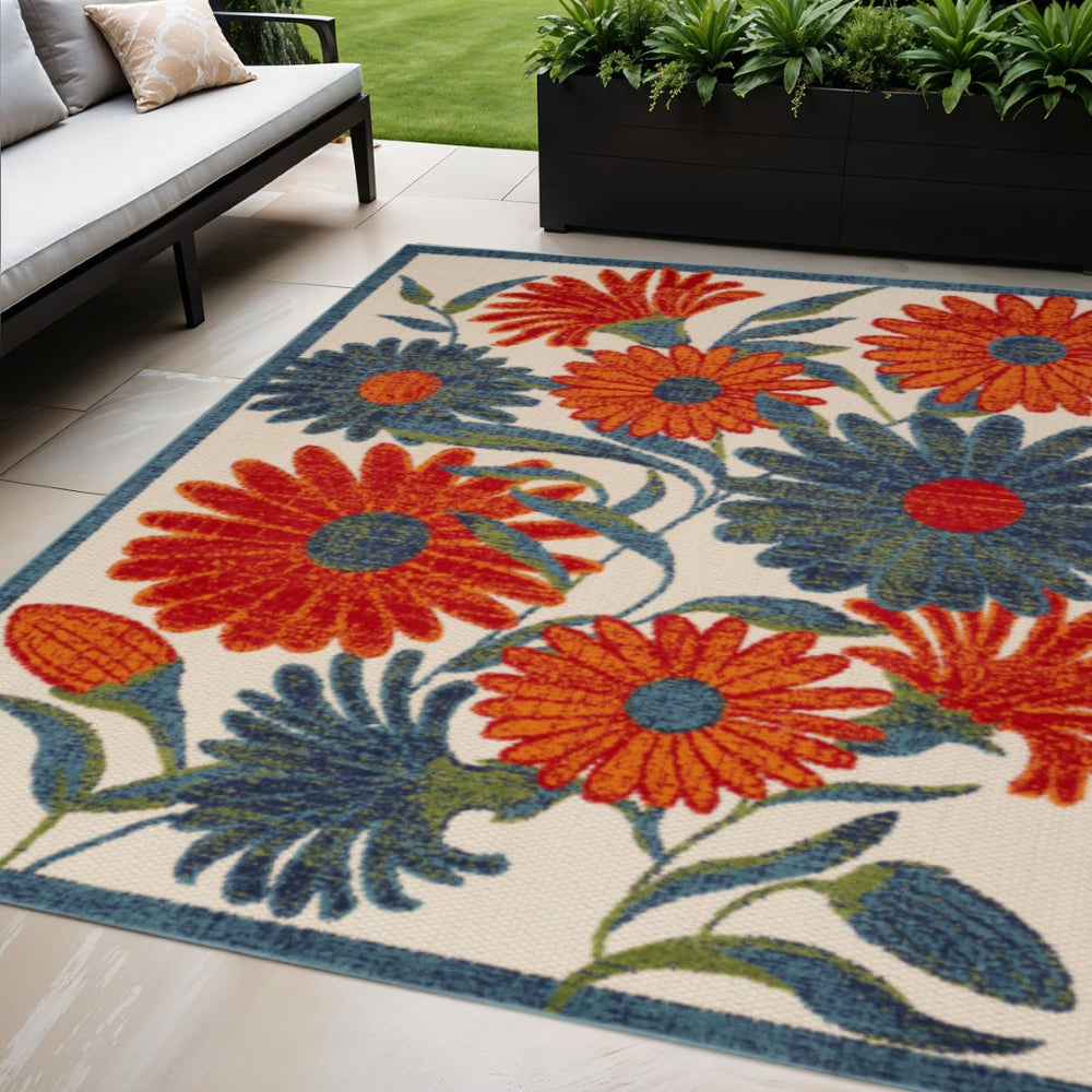 HomeRoots 5' Indoor Outdoor Floral Area Rug - Ivory, Blue, Orange & Green - Durable, Stain-Resistant & Versatile 545021