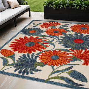 HomeRoots 5' Indoor Outdoor Floral Area Rug - Ivory, Blue, Orange & Green - Durable, Stain-Resistant & Versatile 545021