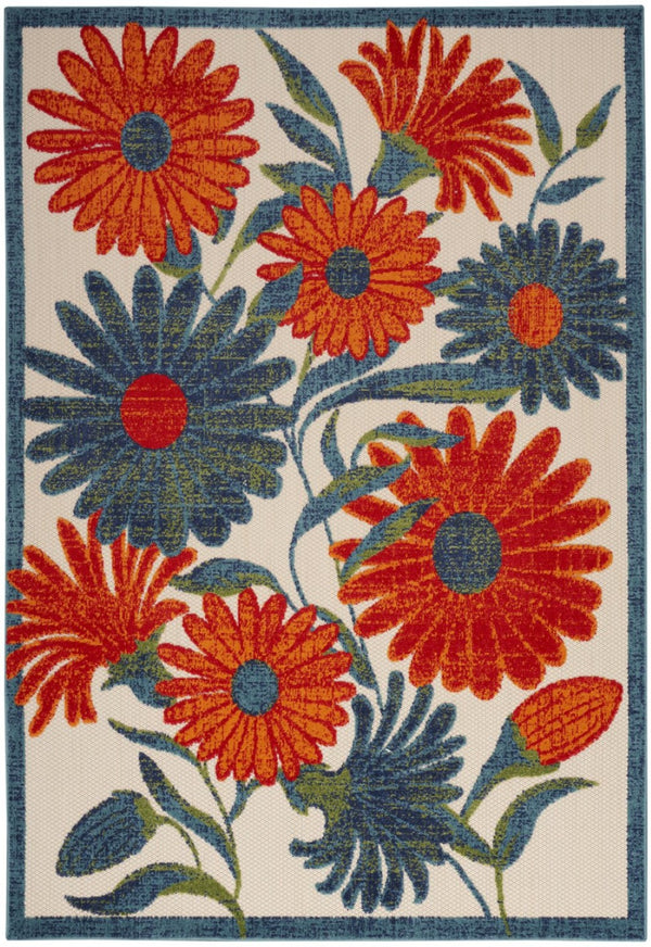 HomeRoots 5' Indoor Outdoor Floral Area Rug - Ivory, Blue, Orange & Green - Durable, Stain-Resistant & Versatile 545021
