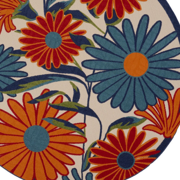 HomeRoots 5' Eye-Catching Ivory Blue and Orange Round Floral Area Rug - Indoor/Outdoor, Durable & Easy Clean! 545028
