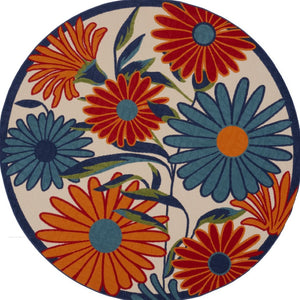 HomeRoots 5' Eye-Catching Ivory Blue and Orange Round Floral Area Rug - Indoor/Outdoor, Durable & Easy Clean! 545028