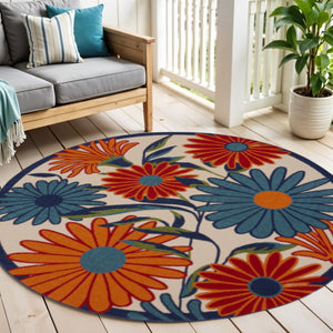 HomeRoots 5' Eye-Catching Ivory Blue and Orange Round Floral Area Rug - Indoor/Outdoor, Durable & Easy Clean! 545028