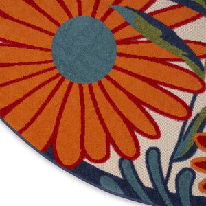 HomeRoots 5' Eye-Catching Ivory Blue and Orange Round Floral Area Rug - Indoor/Outdoor, Durable & Easy Clean! 545028