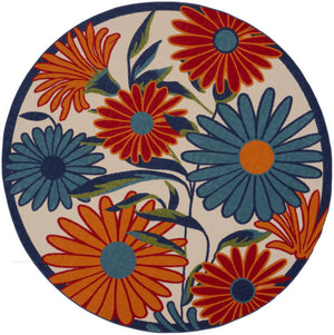 HomeRoots 5' Eye-Catching Ivory Blue and Orange Round Floral Area Rug - Indoor/Outdoor, Durable & Easy Clean! 545028