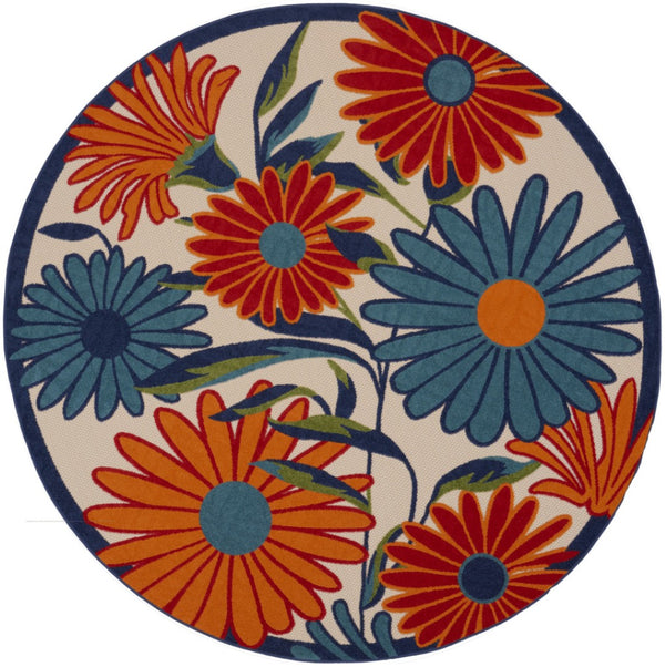 HomeRoots 5' Eye-Catching Ivory Blue and Orange Round Floral Area Rug - Indoor/Outdoor, Durable & Easy Clean! 545028