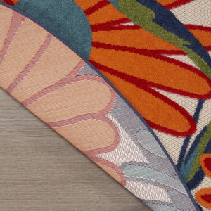 HomeRoots 5' Eye-Catching Ivory Blue and Orange Round Floral Area Rug - Indoor/Outdoor, Durable & Easy Clean! 545028