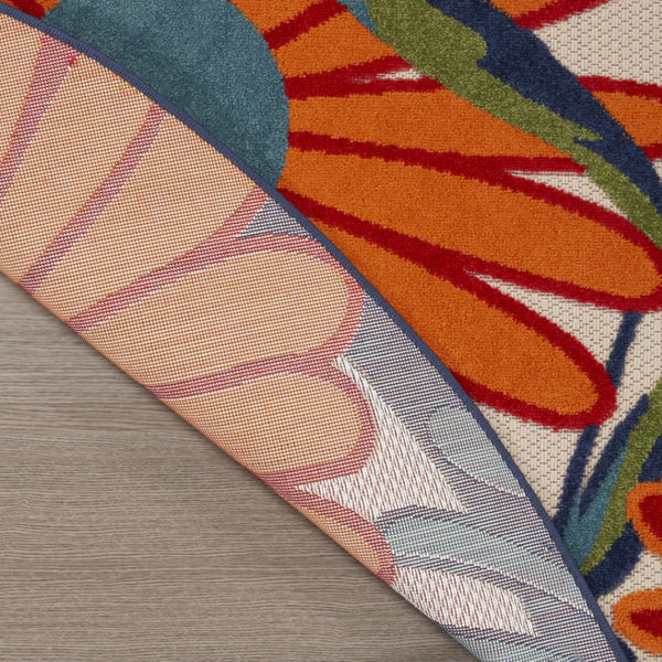 HomeRoots 5' Eye-Catching Ivory Blue and Orange Round Floral Area Rug - Indoor/Outdoor, Durable & Easy Clean! 545028