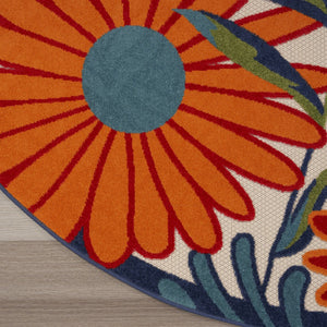 HomeRoots 5' Eye-Catching Ivory Blue and Orange Round Floral Area Rug - Indoor/Outdoor, Durable & Easy Clean! 545028