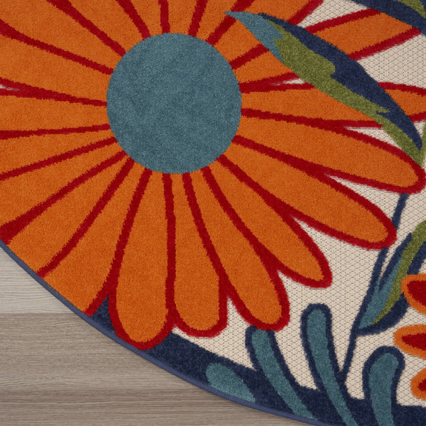 HomeRoots 5' Eye-Catching Ivory Blue and Orange Round Floral Area Rug - Indoor/Outdoor, Durable & Easy Clean! 545028