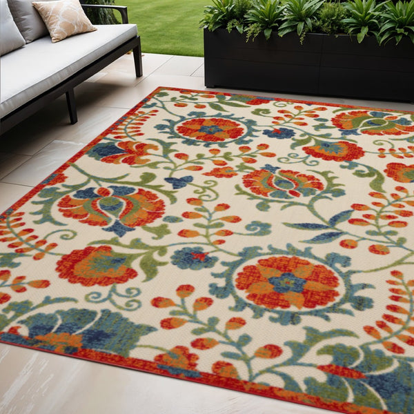 HomeRoots 5' Vibrant Floral Area Rug in Red, Gold, Green & Teal - Perfect for Indoor & Outdoor Spaces! 545037