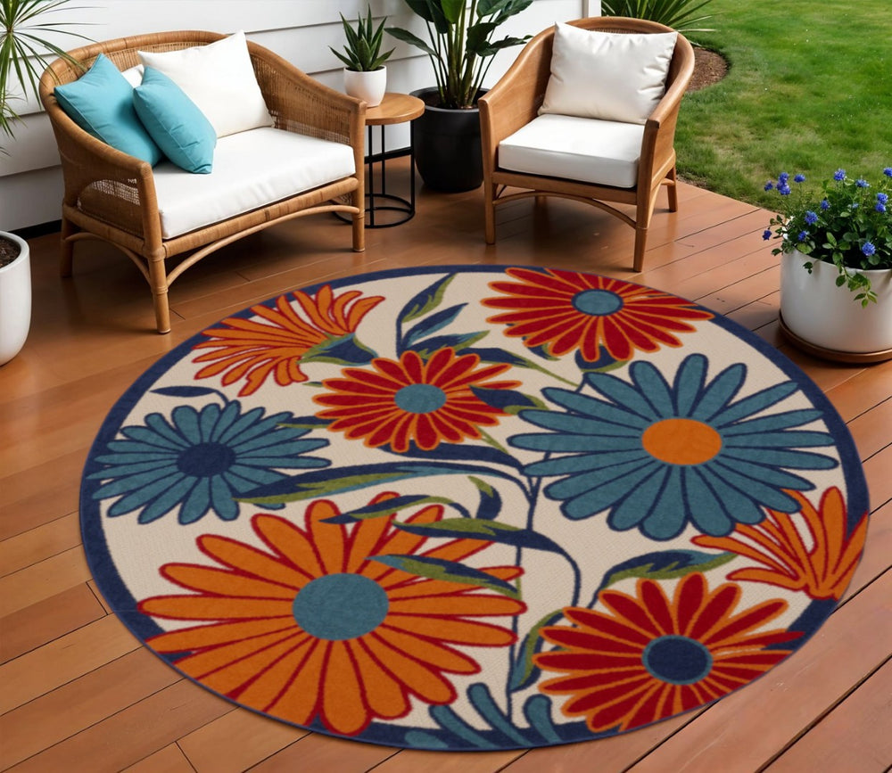 HomeRoots 10' Round Floral Area Rug in Ivory, Blue & Orange - Stylish Indoor/Outdoor Decor for Any Space 545041