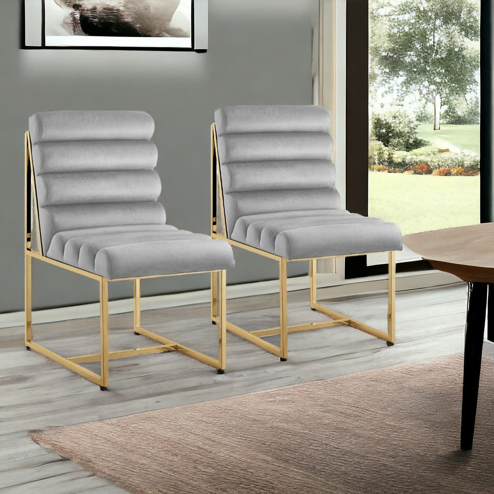Homeroots Set Of Two Tufted Gray And Gold Upholstered Velvet Dining Side Chairs  Metal And Wood 545048