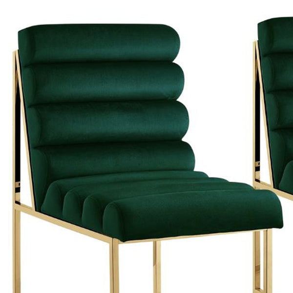 Homeroots Set Of Two Tufted Hunter Green And Gold Upholstered Velvet Dining Side Chairs  Metal And Wood 545049