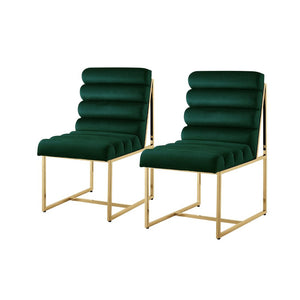 Homeroots Set Of Two Tufted Hunter Green And Gold Upholstered Velvet Dining Side Chairs  Metal And Wood 545049