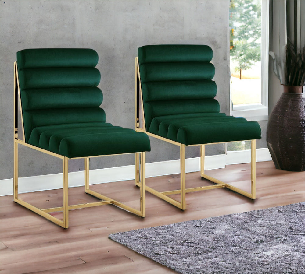 Homeroots Set Of Two Tufted Hunter Green And Gold Upholstered Velvet Dining Side Chairs  Metal And Wood 545049