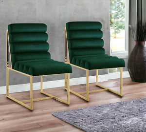 Homeroots Set Of Two Tufted Hunter Green And Gold Upholstered Velvet Dining Side Chairs  Metal And Wood 545049