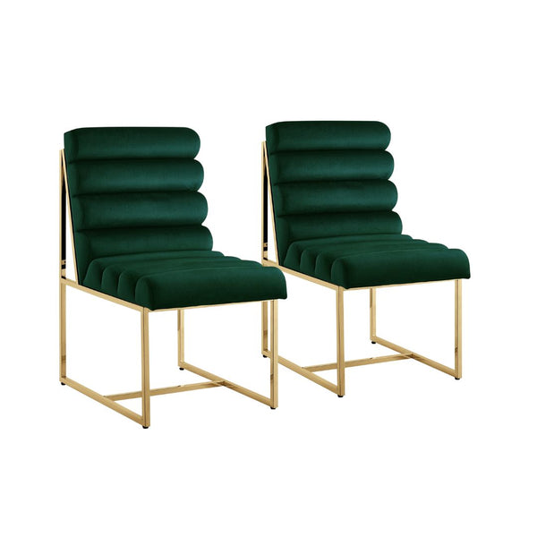 Homeroots Set Of Two Tufted Hunter Green And Gold Upholstered Velvet Dining Side Chairs  Metal And Wood 545049