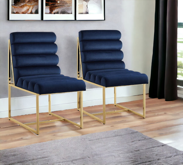 Homeroots Set Of Two Tufted Navy Blue And Gold Upholstered Velvet Dining Side Chairs  Metal And Wood 545050