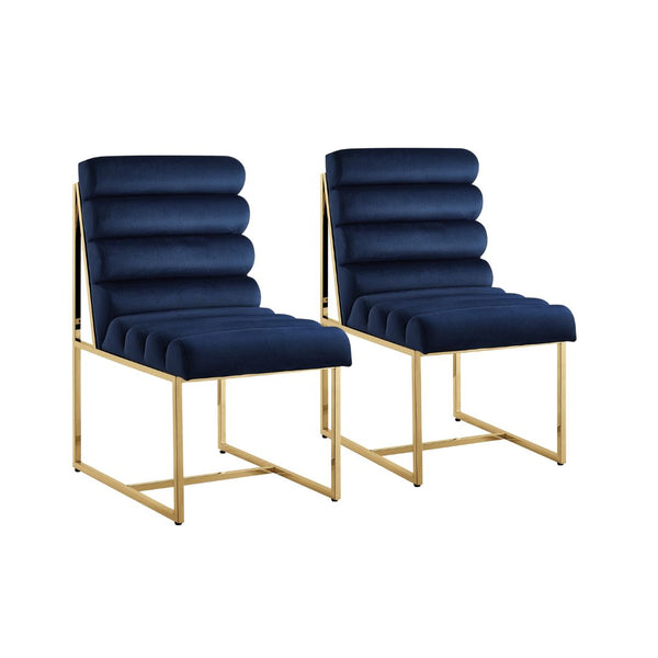 Homeroots Set Of Two Tufted Navy Blue And Gold Upholstered Velvet Dining Side Chairs  Metal And Wood 545050