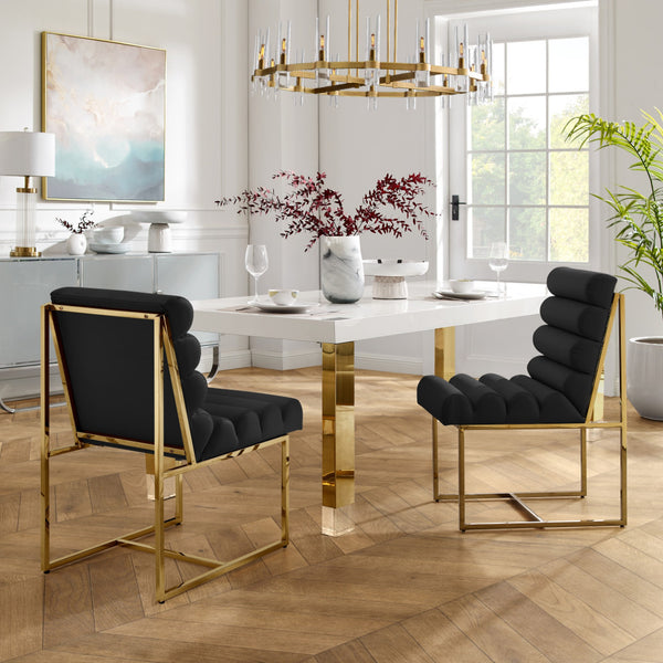 Homeroots Set Of Two Tufted Black And Gold Upholstered Faux Leather Dining Side Chairs  Metal And Wood 545051