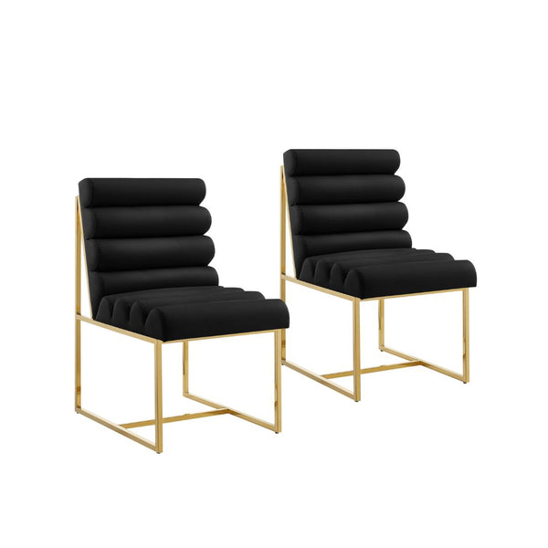 Homeroots Set Of Two Tufted Black And Gold Upholstered Faux Leather Dining Side Chairs  Metal And Wood 545051