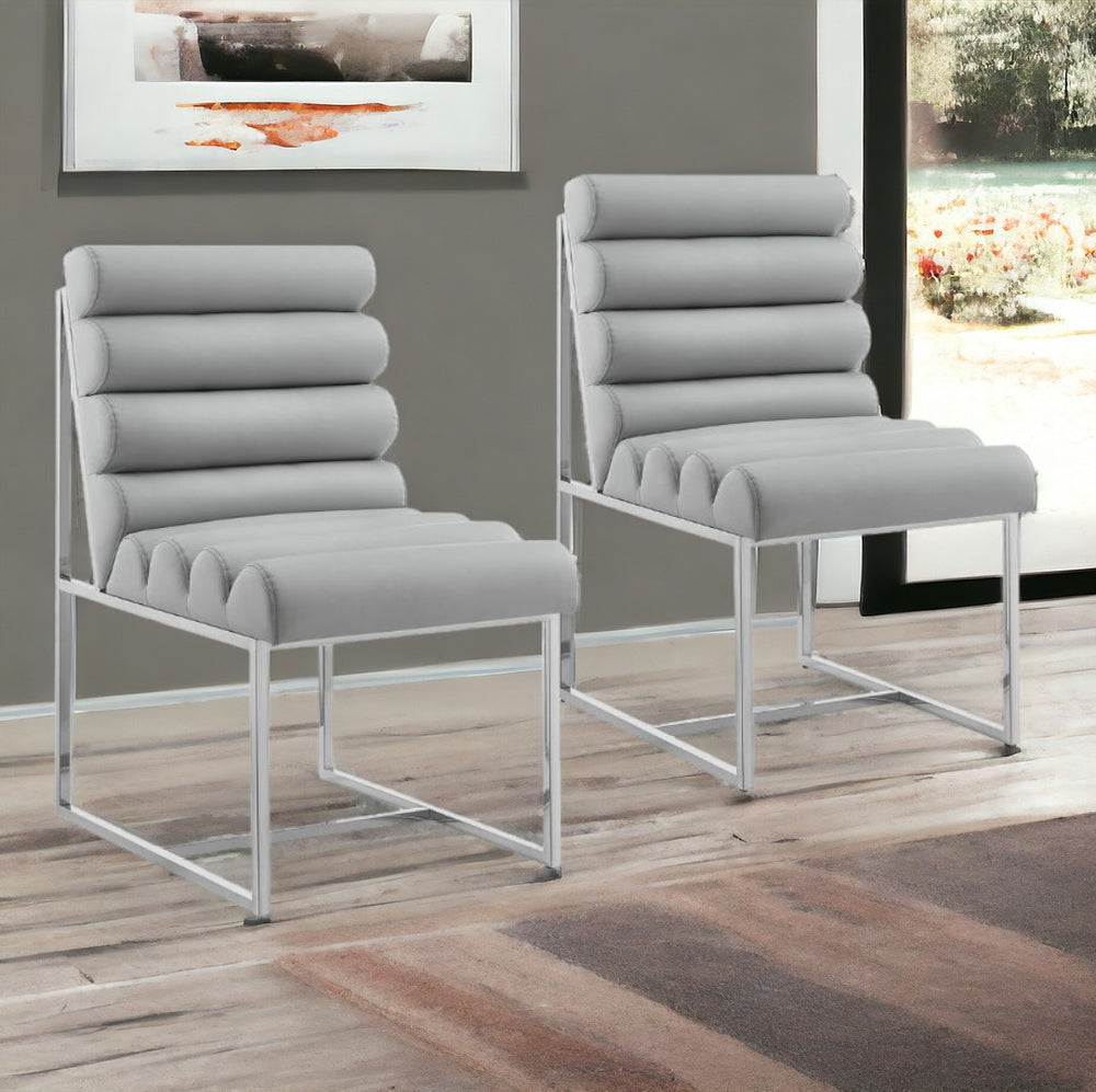 Homeroots Set Of Two Tufted Gray And Silver Metallic Upholstered Faux Leather Dining Side Chairs  Metal And Wood 545052