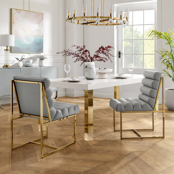 Homeroots Set Of Two Tufted Gray And Gold Upholstered Faux Leather Dining Side Chairs  Metal And Wood 545053