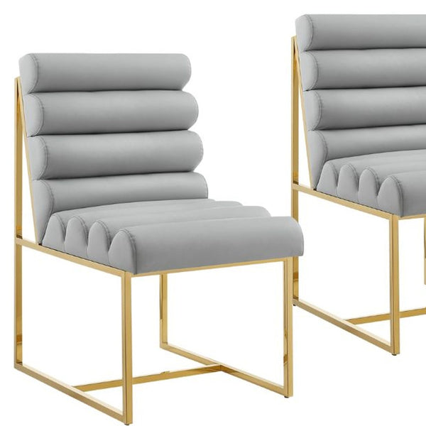 Homeroots Set Of Two Tufted Gray And Gold Upholstered Faux Leather Dining Side Chairs  Metal And Wood 545053