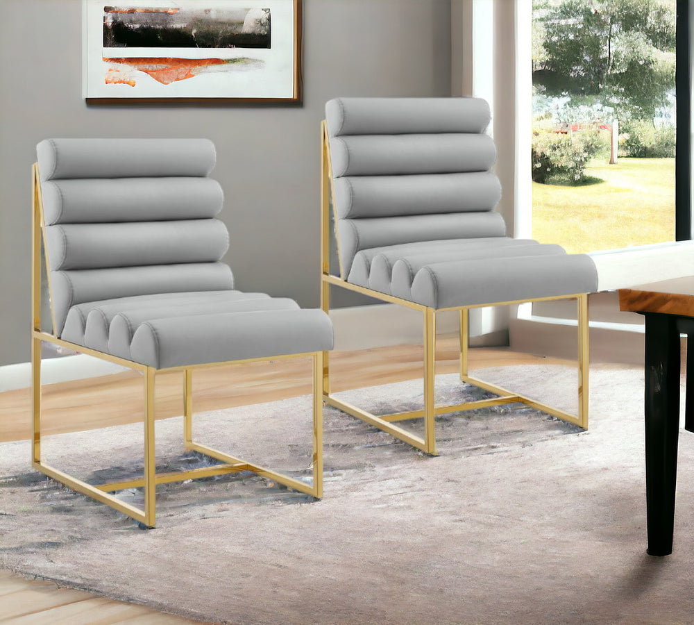 Homeroots Set Of Two Tufted Gray And Gold Upholstered Faux Leather Dining Side Chairs  Metal And Wood 545053