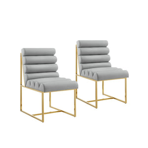 Homeroots Set Of Two Tufted Gray And Gold Upholstered Faux Leather Dining Side Chairs  Metal And Wood 545053