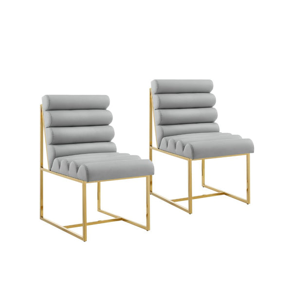 Homeroots Set Of Two Tufted Gray And Gold Upholstered Faux Leather Dining Side Chairs  Metal And Wood 545053