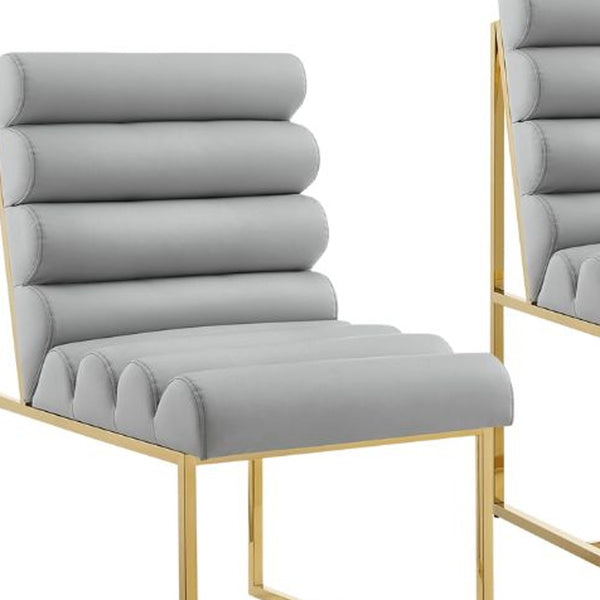 Homeroots Set Of Two Tufted Gray And Gold Upholstered Faux Leather Dining Side Chairs  Metal And Wood 545053